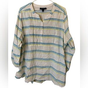 Lane Bryant Striped Linen Blend Pintuck Top Size 22/24 Roll Tab Coastal Gma Airy